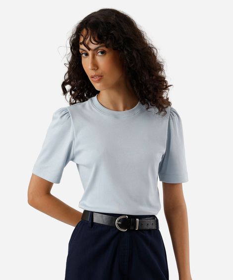 camiseta feminina de algodão peruano manga bufante azul