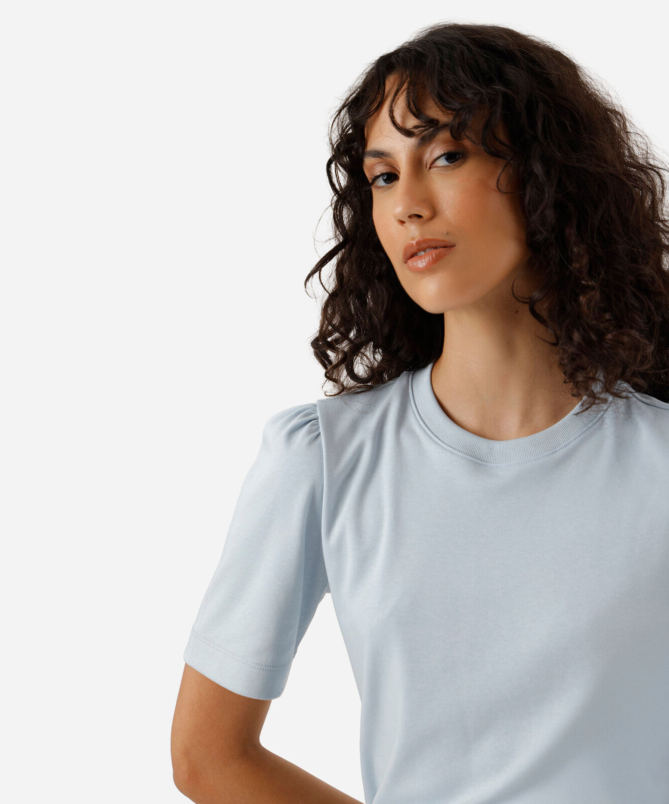 camiseta feminina de algodão peruano manga bufante azul