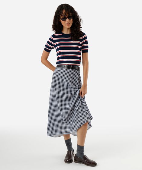 saia midi evasê feminina de viscose xadrez azul