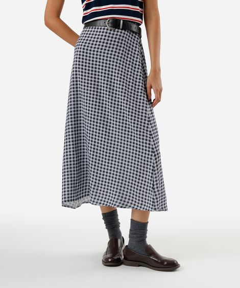 saia midi evasê feminina de viscose xadrez azul