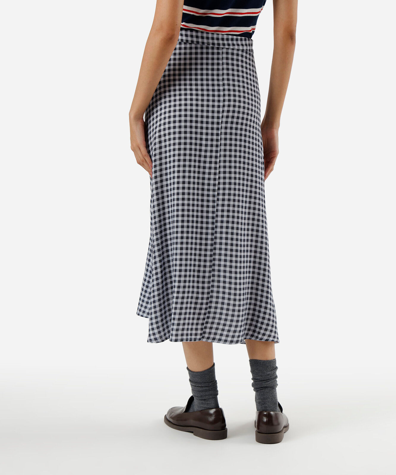 saia midi evasê feminina de viscose xadrez azul
