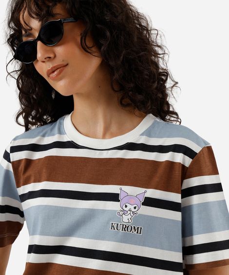 camiseta feminina de algodão kuromi listrada azul
