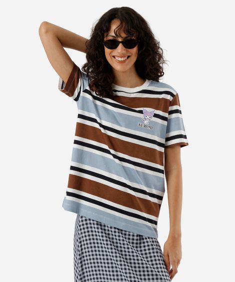camiseta feminina de algodão kuromi listrada azul