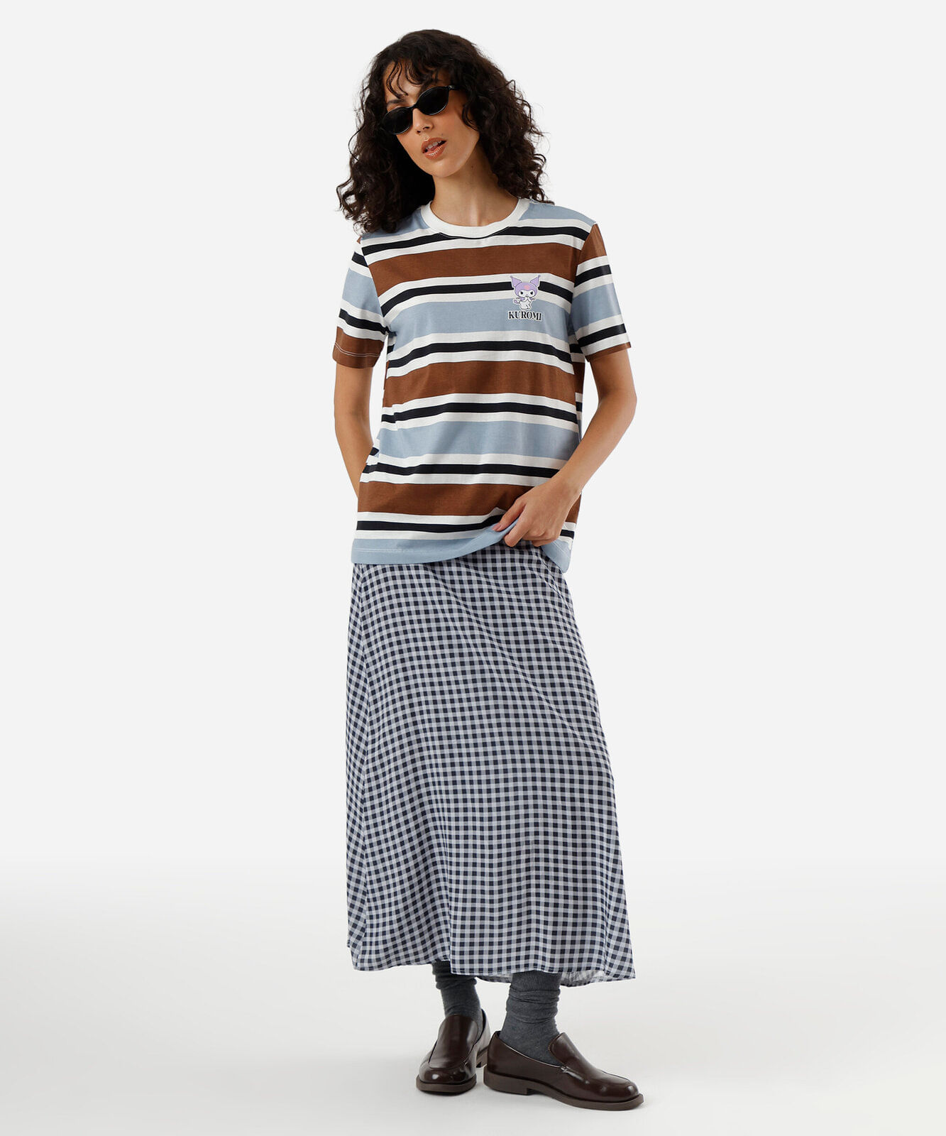 camiseta feminina de algodão kuromi listrada azul