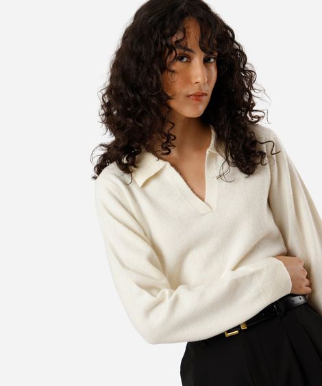 polo básica feminina de tricot manga longa bege