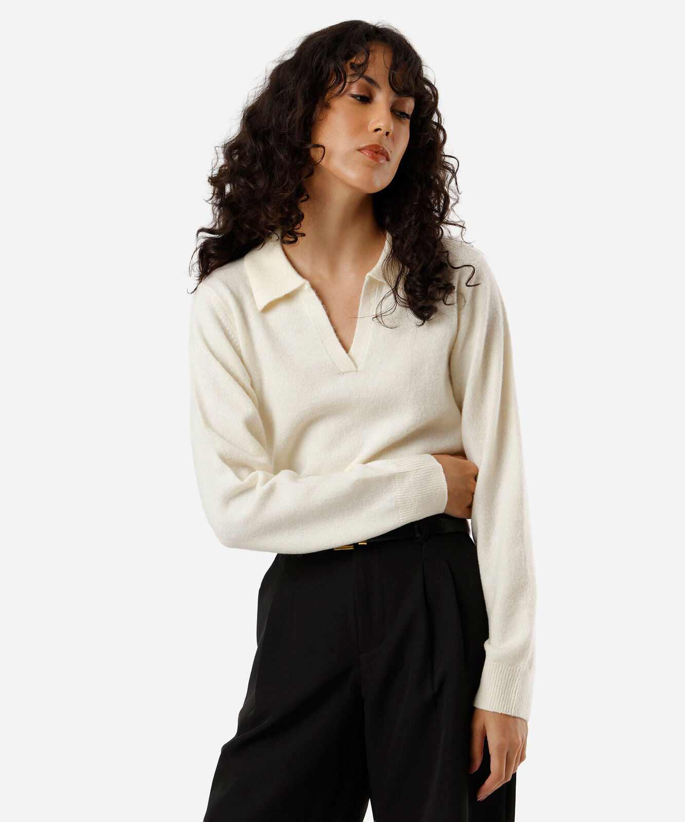 polo básica feminina de tricot manga longa bege