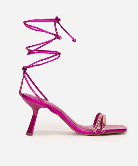 sandália com strass e amarração metalizada oneself rosa