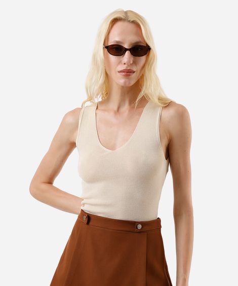 regata feminina de tricot decote v bege