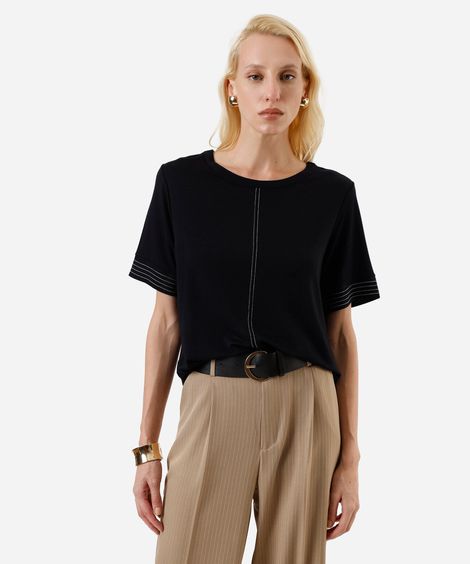 blusa feminina manga curta com pesponto em viscose preta