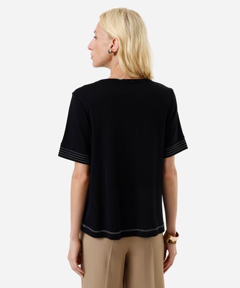 blusa feminina manga curta com pesponto em viscose preta