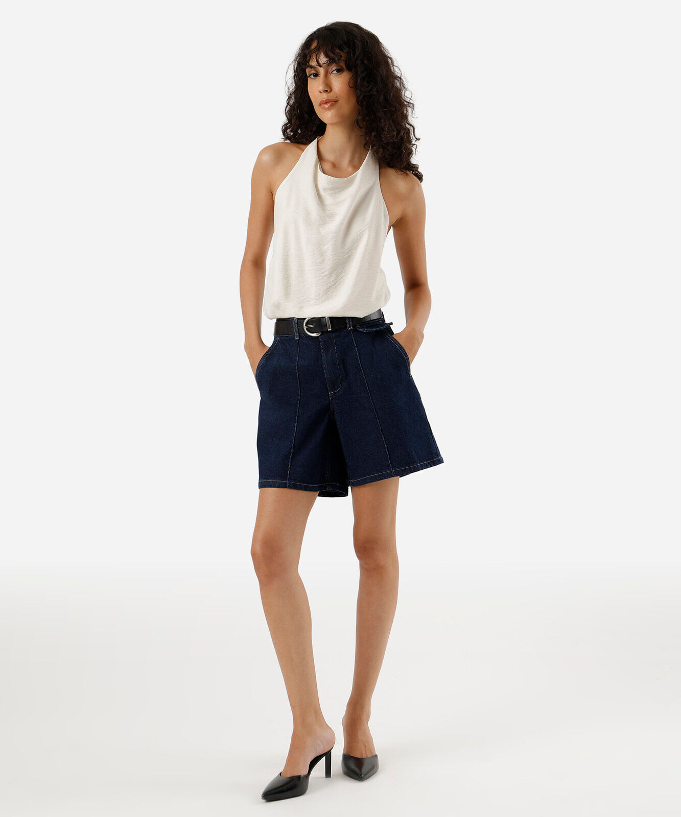 bermuda feminina jeans com nervuras azul