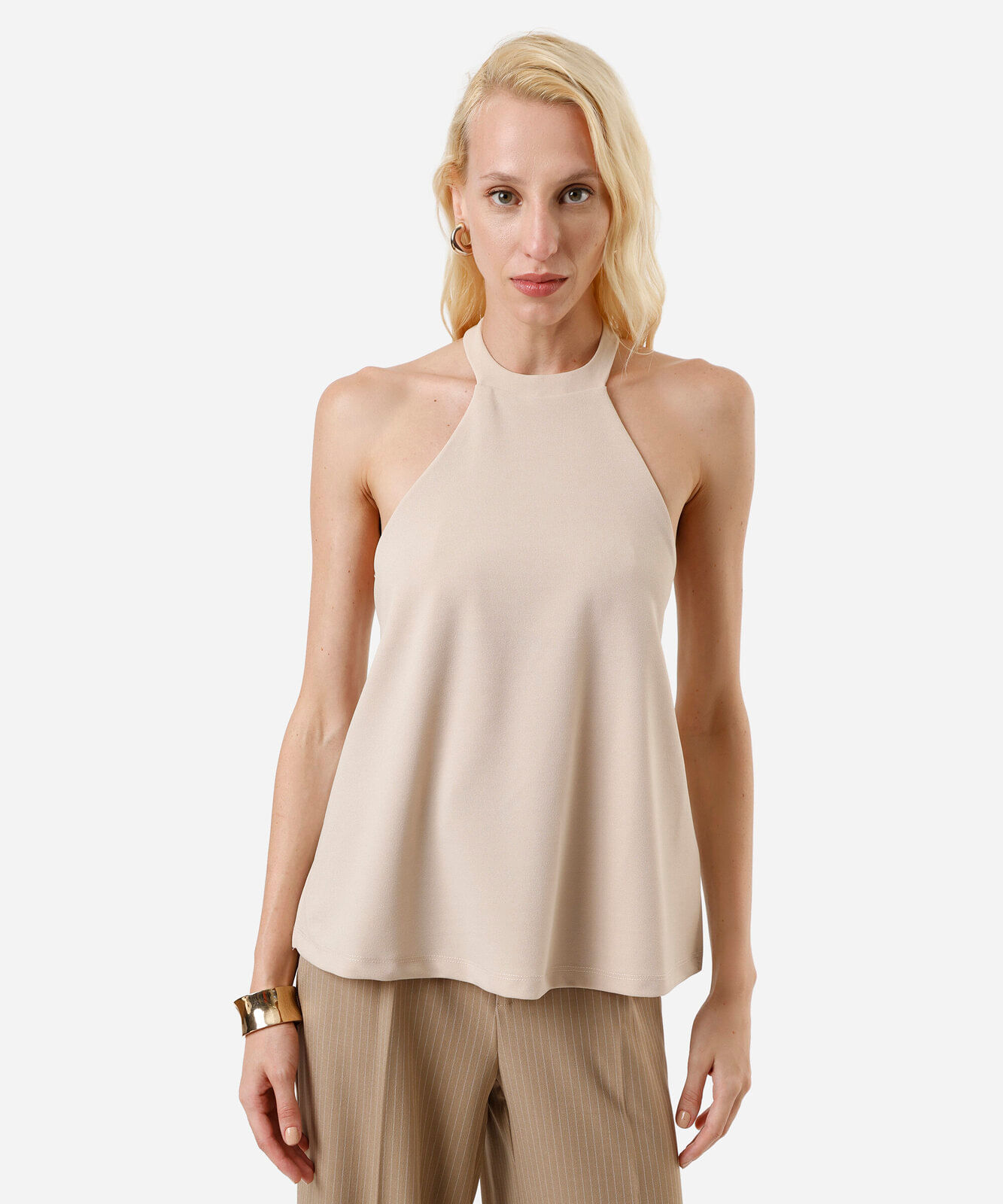blusa frente única feminina com fivela texturizada bege