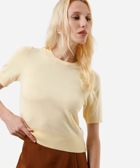 blusa cropped feminina de tricot manga curta amarela