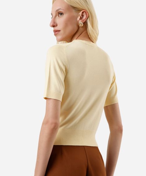 blusa cropped feminina de tricot manga curta amarela