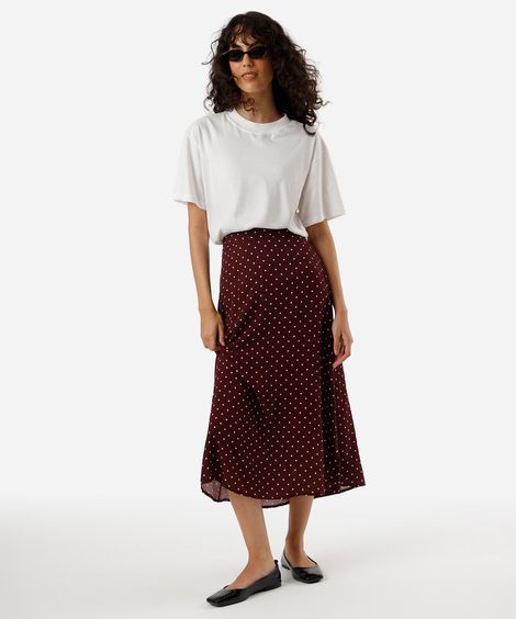 saia midi evasê feminina de viscose poá vinho