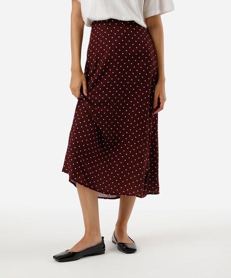 saia midi evasê feminina de viscose poá vinho