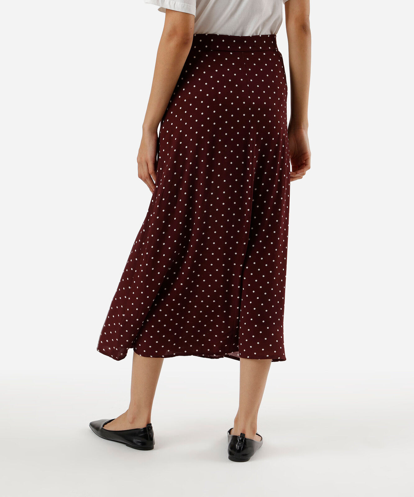 saia midi evasê feminina de viscose poá vinho