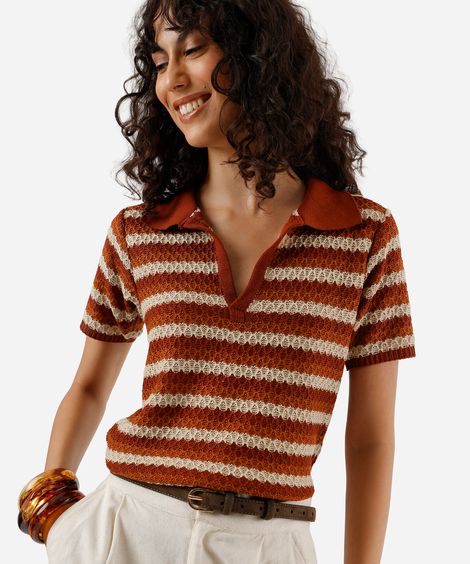 polo feminina de tricot texturizada listrada colorido
