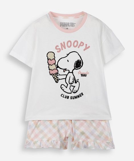 pijama infantil curto xadrez snoopy off white