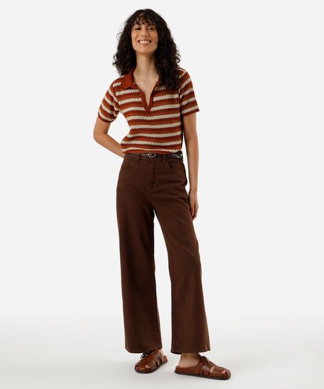 calça wide leg cropped feminina de sarja marrom