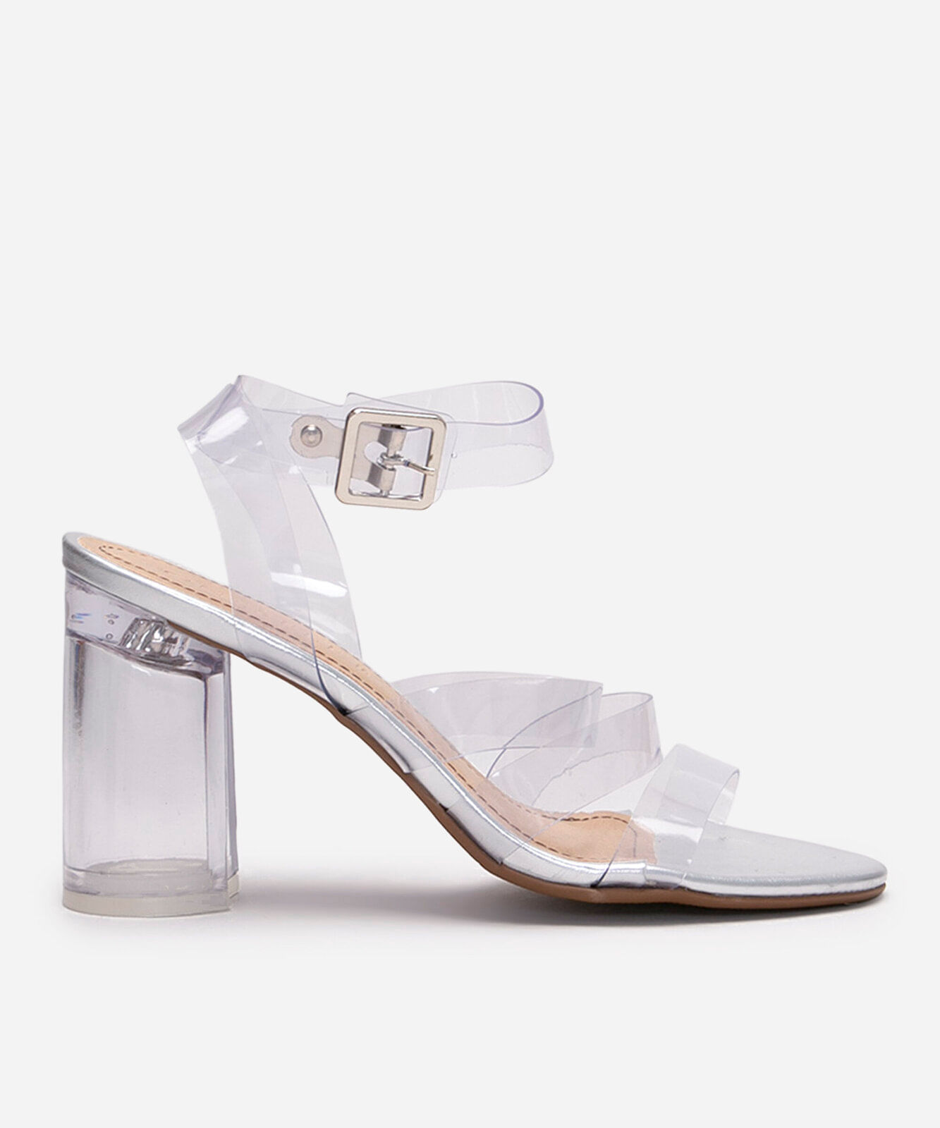 Sandália Feminina Salto Alto Grosso em Acrílico Oneself e Tiras em Vinil Transparente