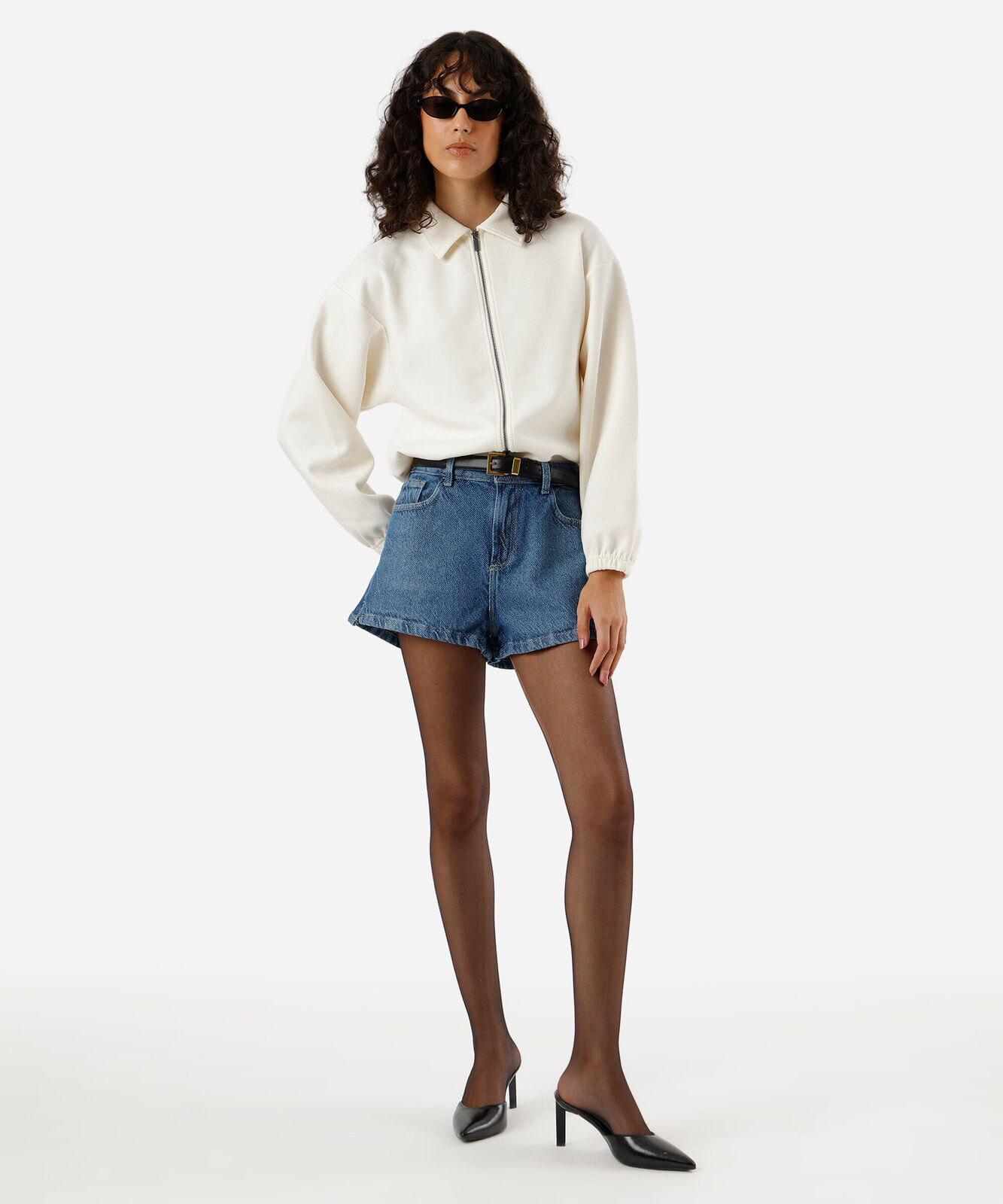 short curto feminino jeans cintura média azul