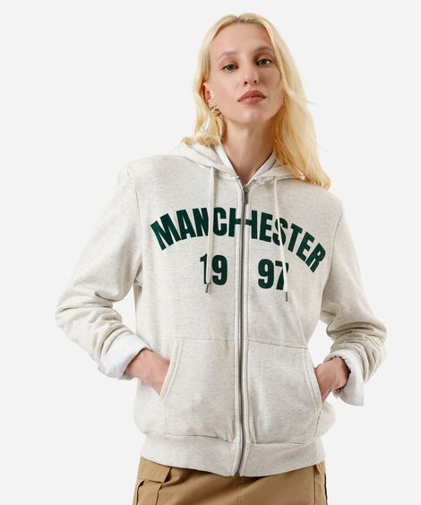 blusão feminino de moletom com capuz e zíper estampado cinza