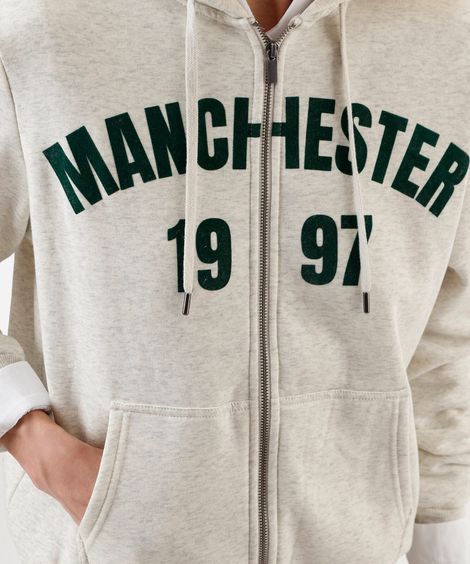 blusão feminino de moletom com capuz e zíper estampado cinza