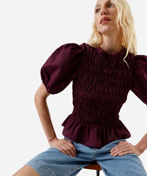blusa feminina franzida manga bufante roxa