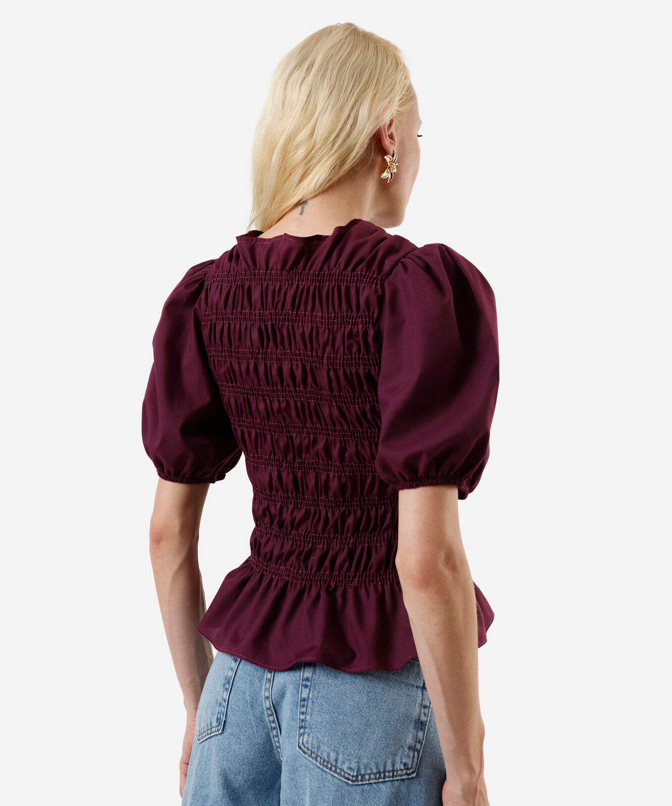 blusa feminina franzida manga bufante roxa