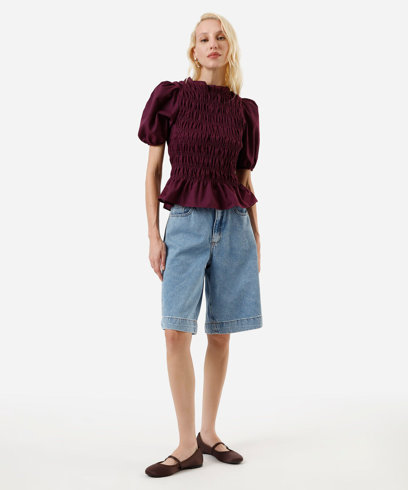 blusa feminina franzida manga bufante roxa