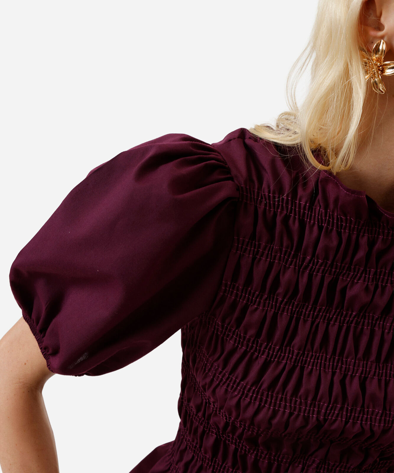 blusa feminina franzida manga bufante roxa
