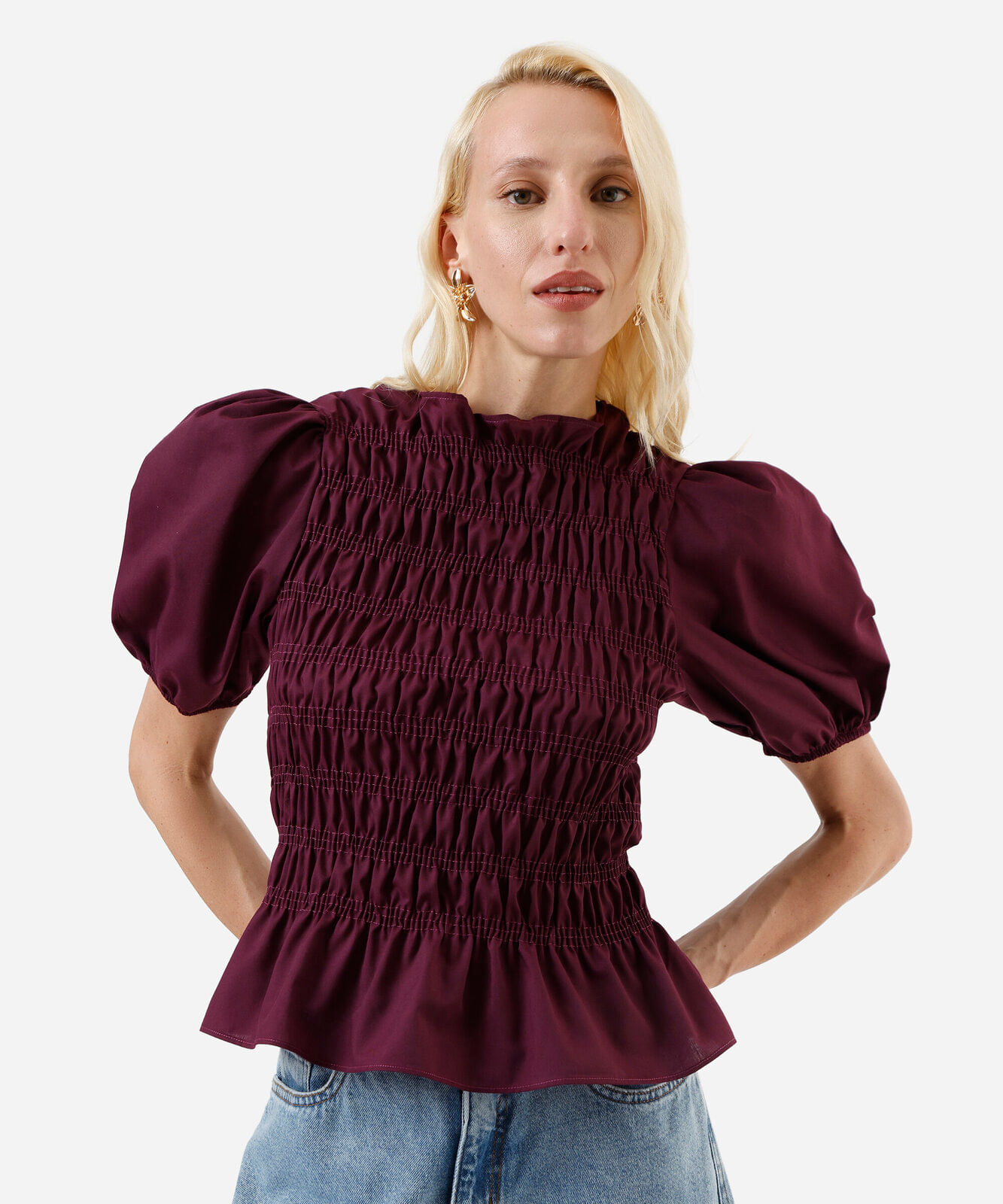 blusa feminina franzida manga bufante roxa