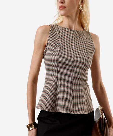 regata feminina peplum com recortes xadrez marrom