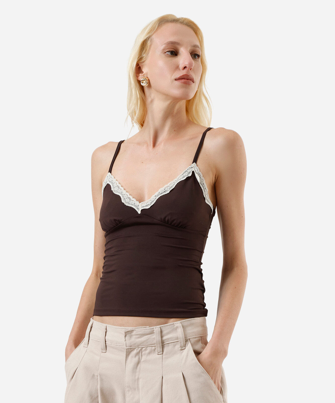 regata alça fina feminina com renda marrom