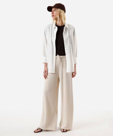 calça reta feminina texturizada cintura alta com elástico bege
