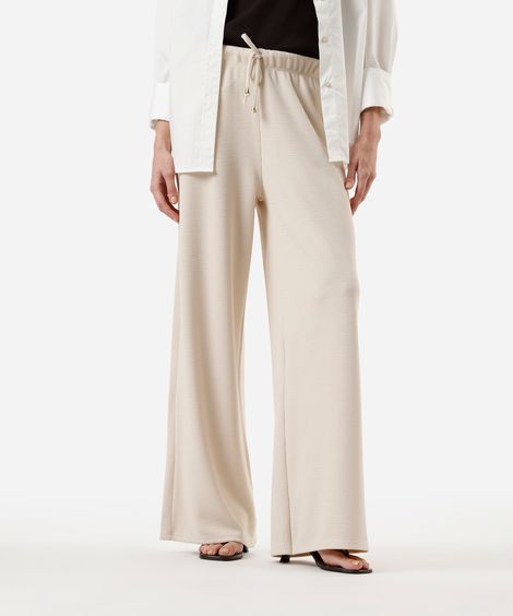 calça reta feminina texturizada cintura alta com elástico bege