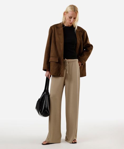 calça reta texturizada cintura alta com elástico bege