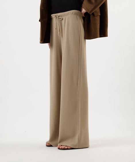 calça reta texturizada cintura alta com elástico bege