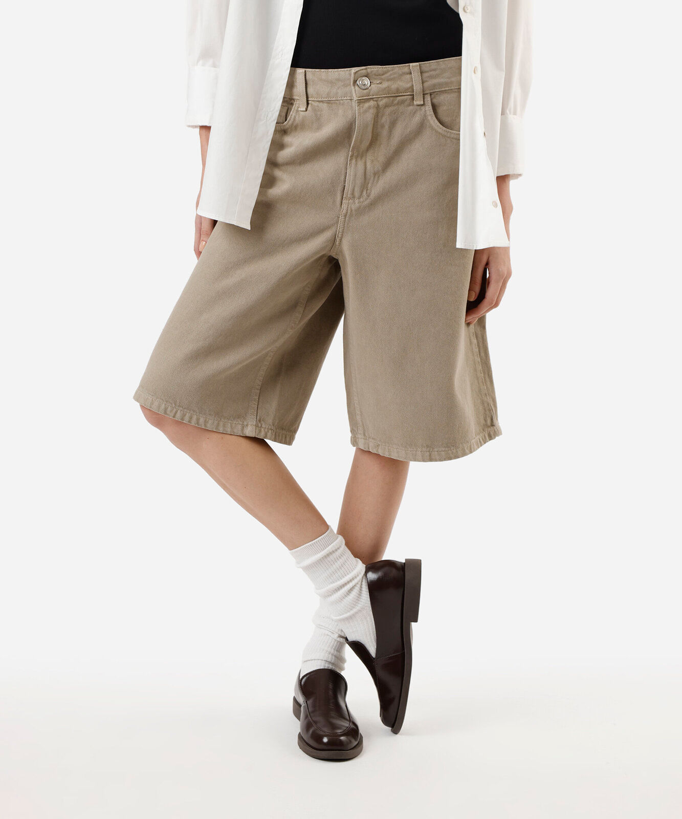 bermuda jorts feminina de sarja cintura média bege