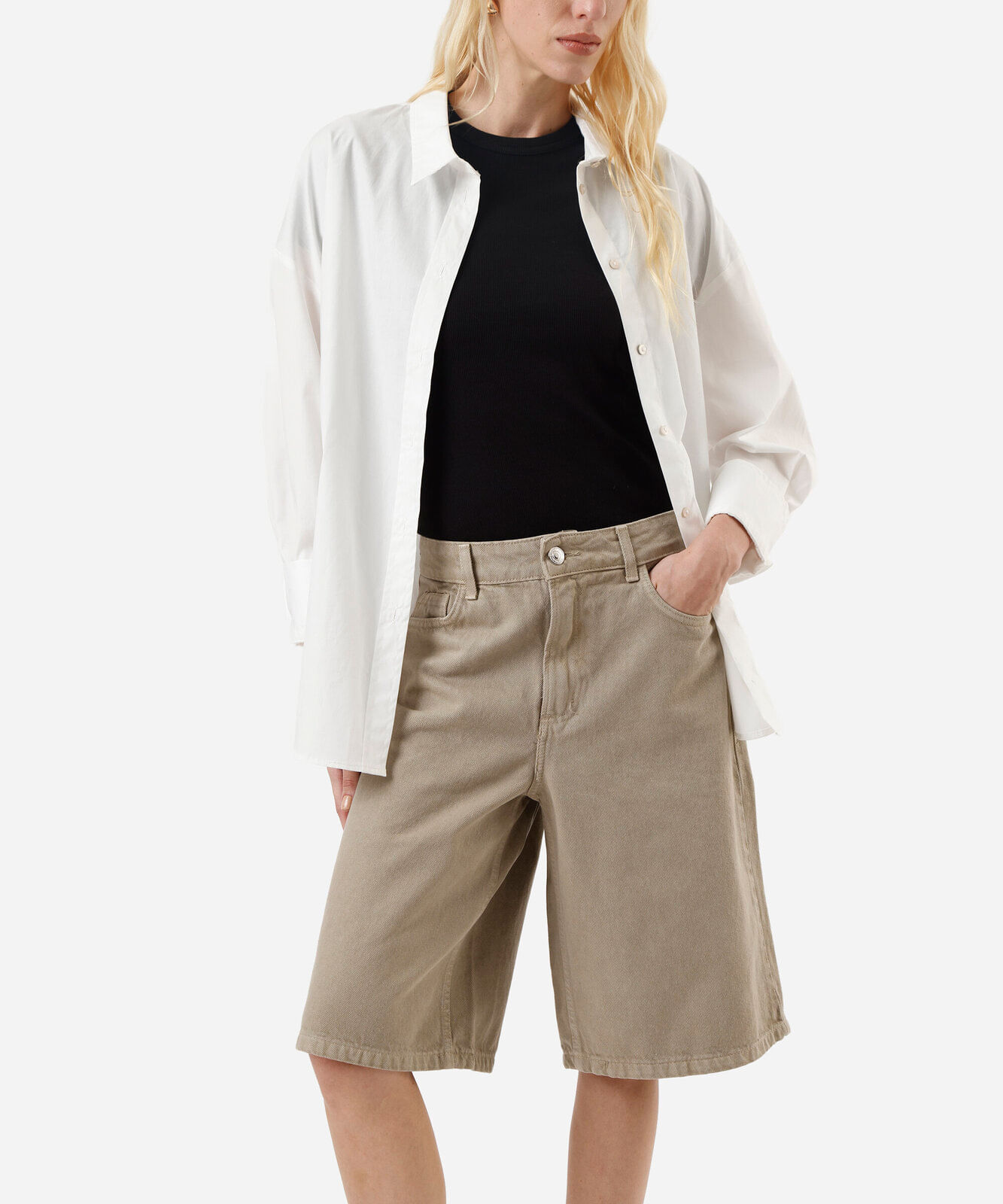 bermuda jorts feminina de sarja cintura média bege