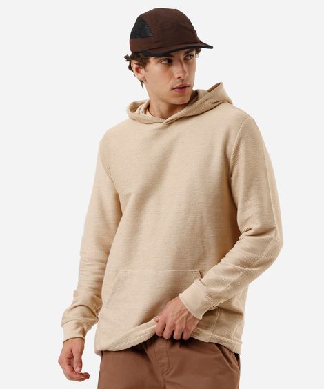 camiseta masculina manga longa com capuz canelada bege