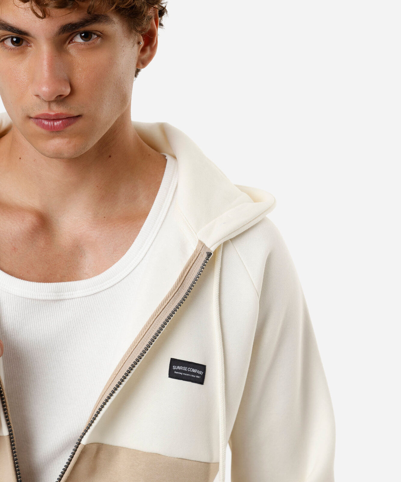 jaqueta masculina de moletom com capuz bicolor off white