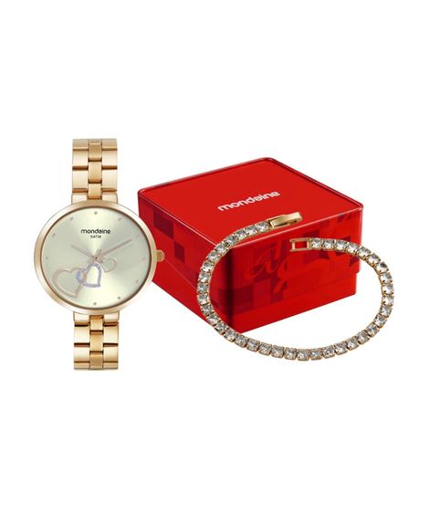 kit relógio feminino mondaine analógico 32712lpmkde1k2 dourado