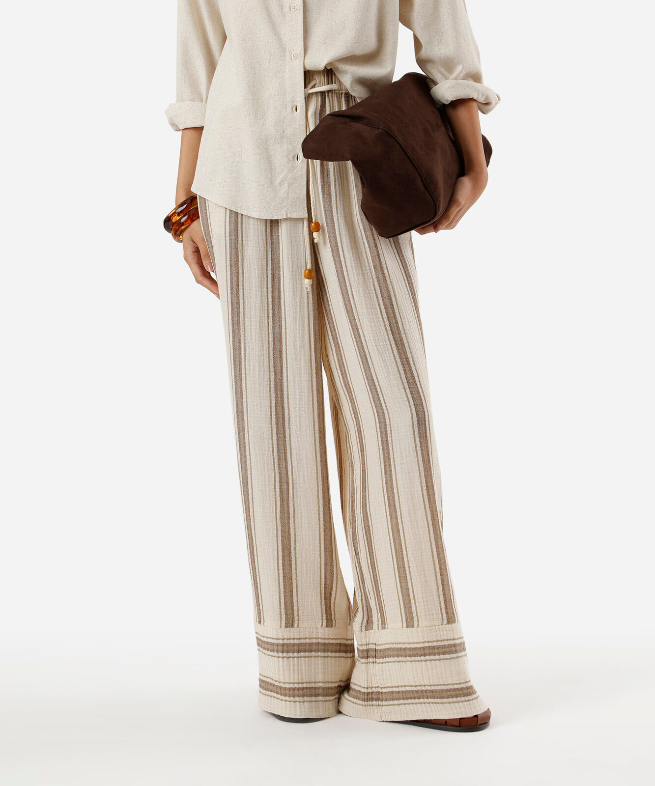 calça wide leg feminina de algodão cós elástico listrada colorida