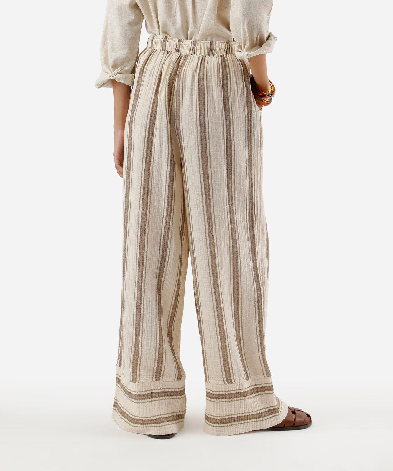 calça wide leg feminina de algodão cós elástico listrada colorida