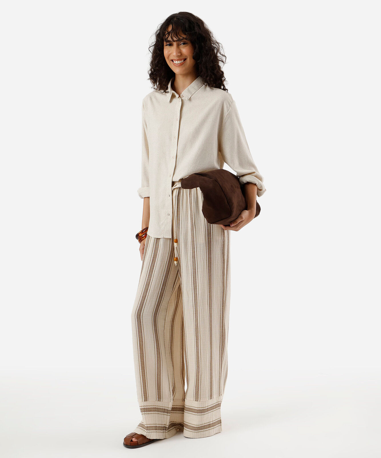 calça wide leg feminina de algodão cós elástico listrada colorida