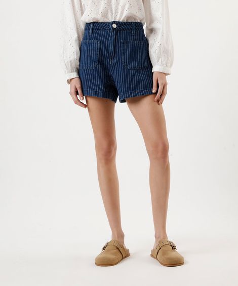 short jeans feminino cintura alta listrado azul
