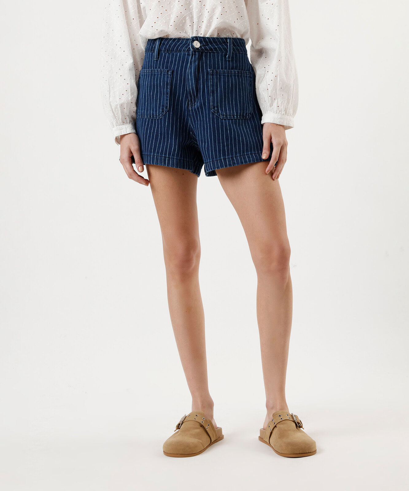 short jeans feminino cintura alta listrado azul