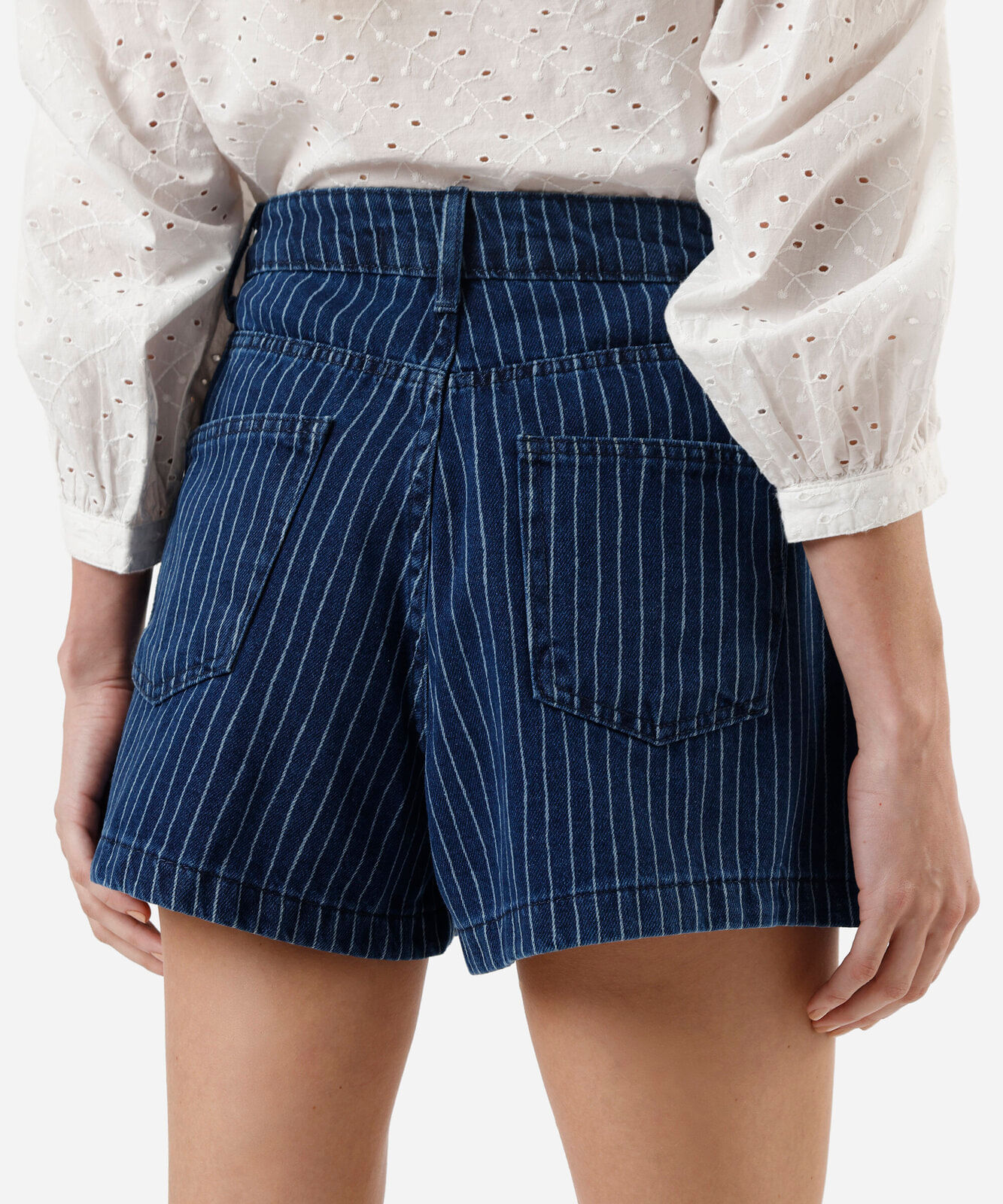 short jeans feminino cintura alta listrado azul